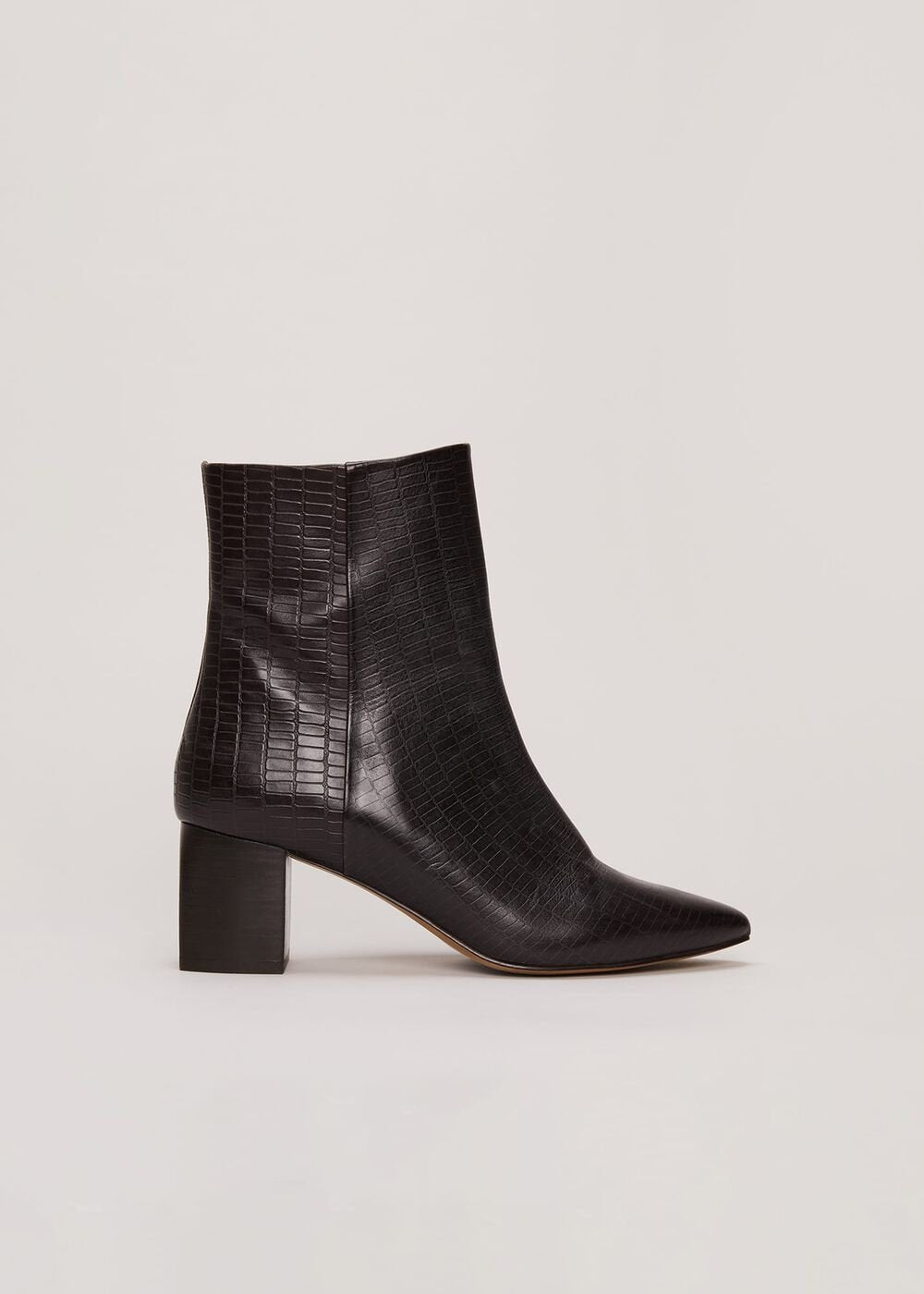 Black Leather Croc Print Ankle Boots - Brown