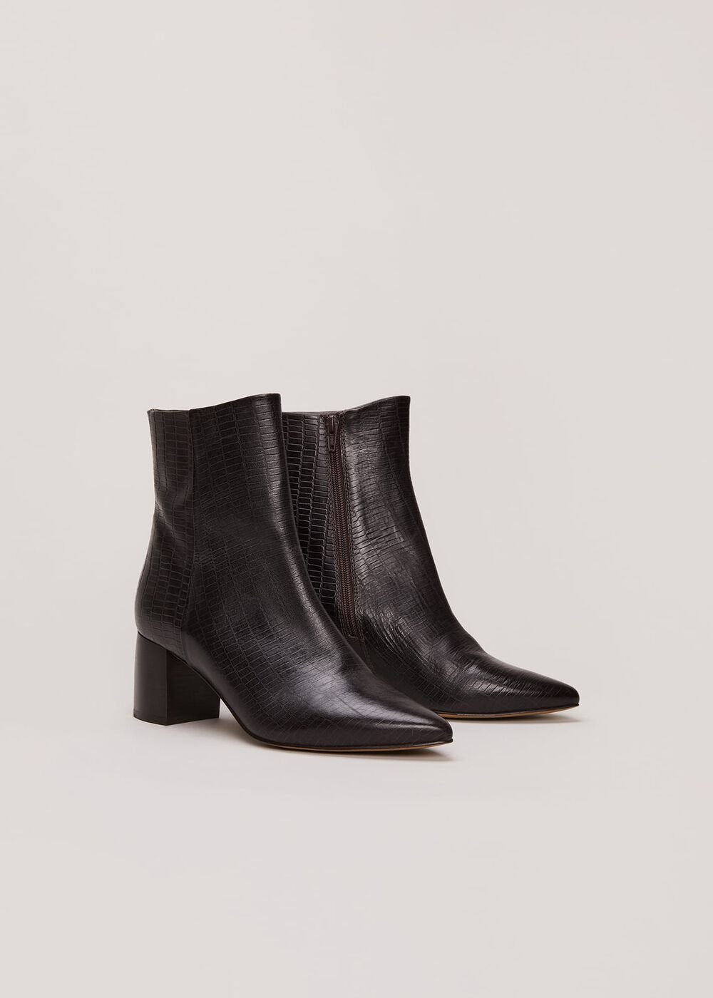 Black Leather Croc Print Ankle Boots - Brown