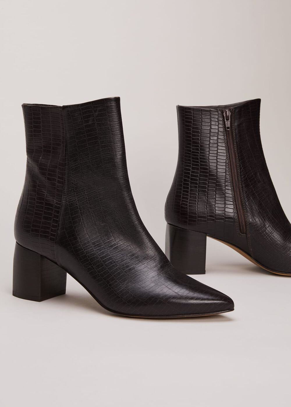 Black Leather Croc Print Ankle Boots - Brown