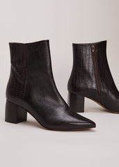 Black Leather Croc Print Ankle Boots - Brown