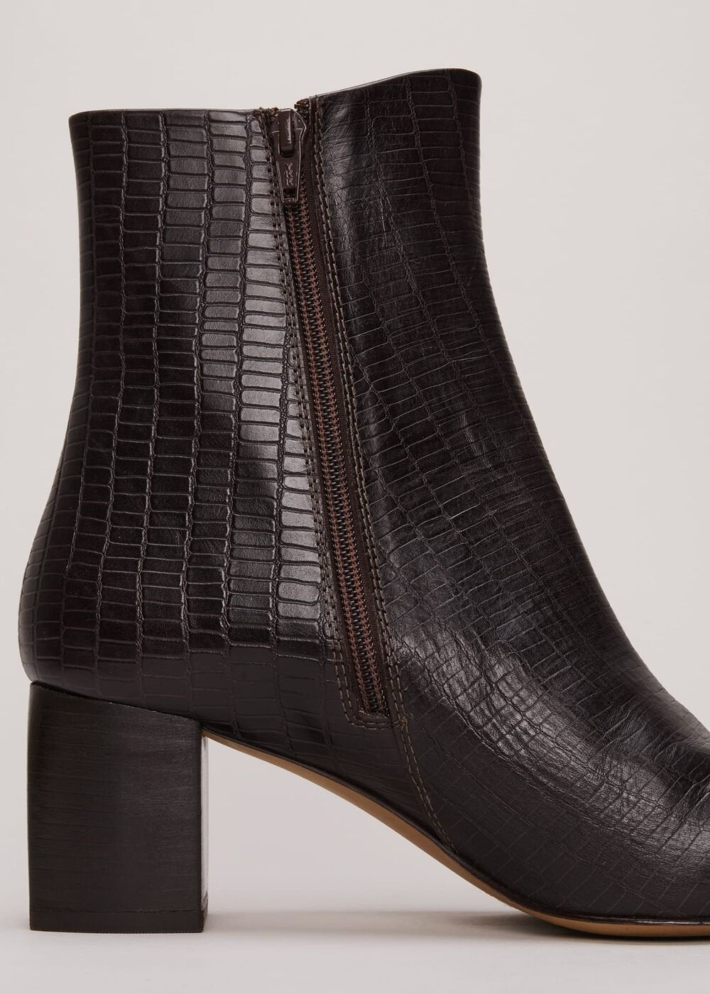 Black Leather Croc Print Ankle Boots - Brown