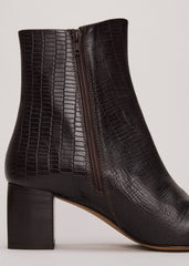 Black Leather Croc Print Ankle Boots - Brown