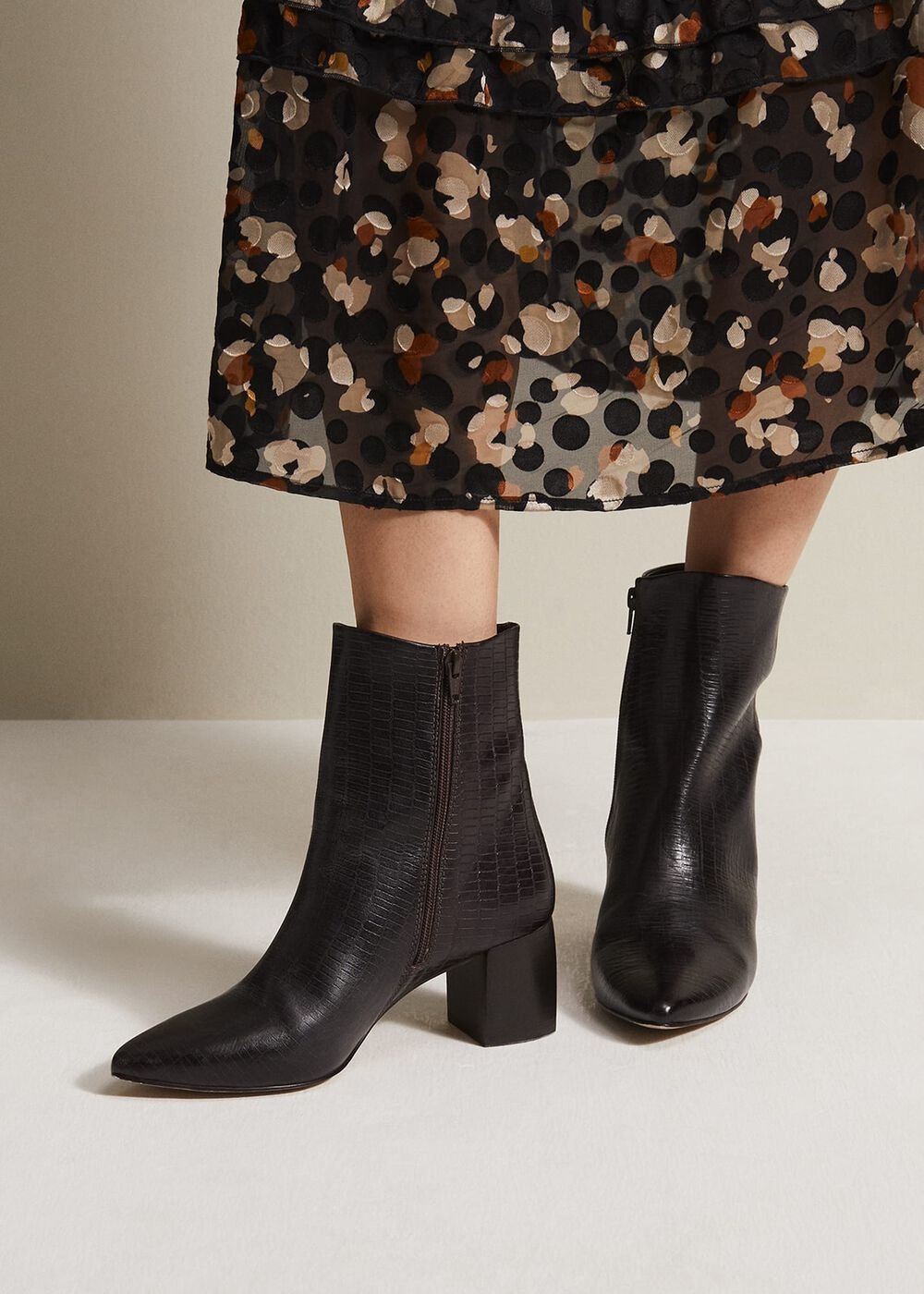 Black Leather Croc Print Ankle Boots - Brown