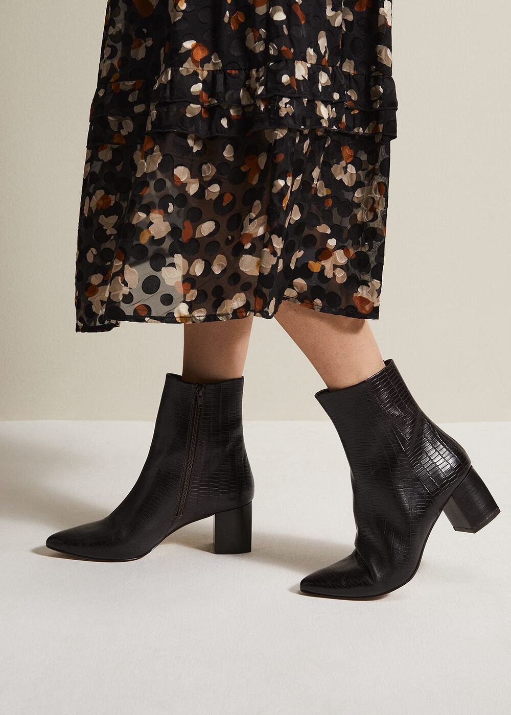 Black Leather Croc Print Ankle Boots - Brown