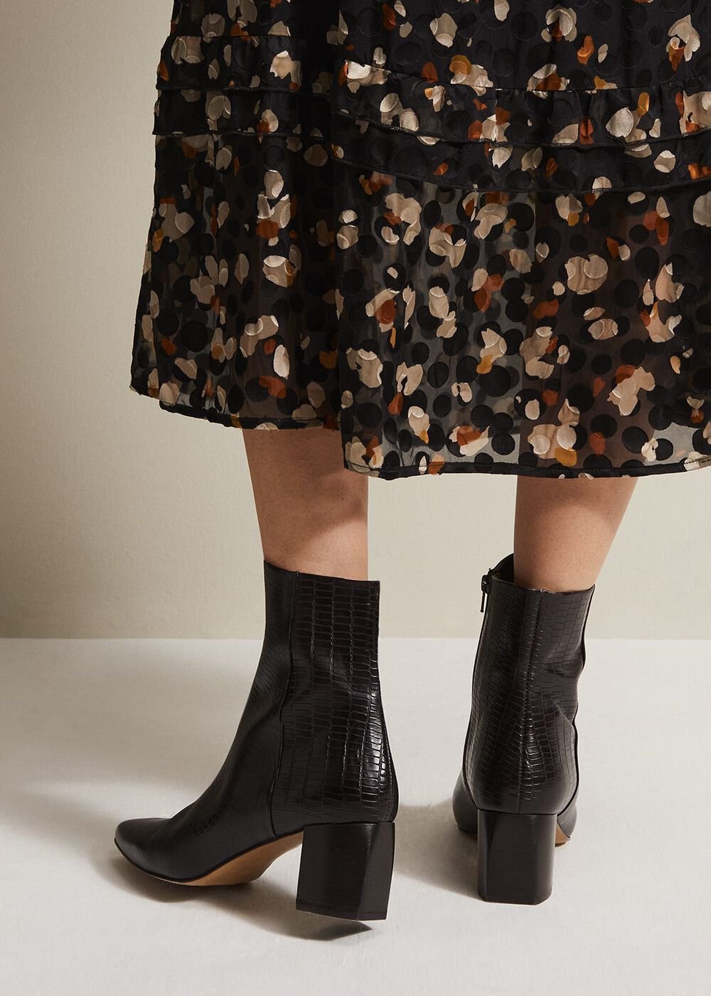 Black Leather Croc Print Ankle Boots - Brown