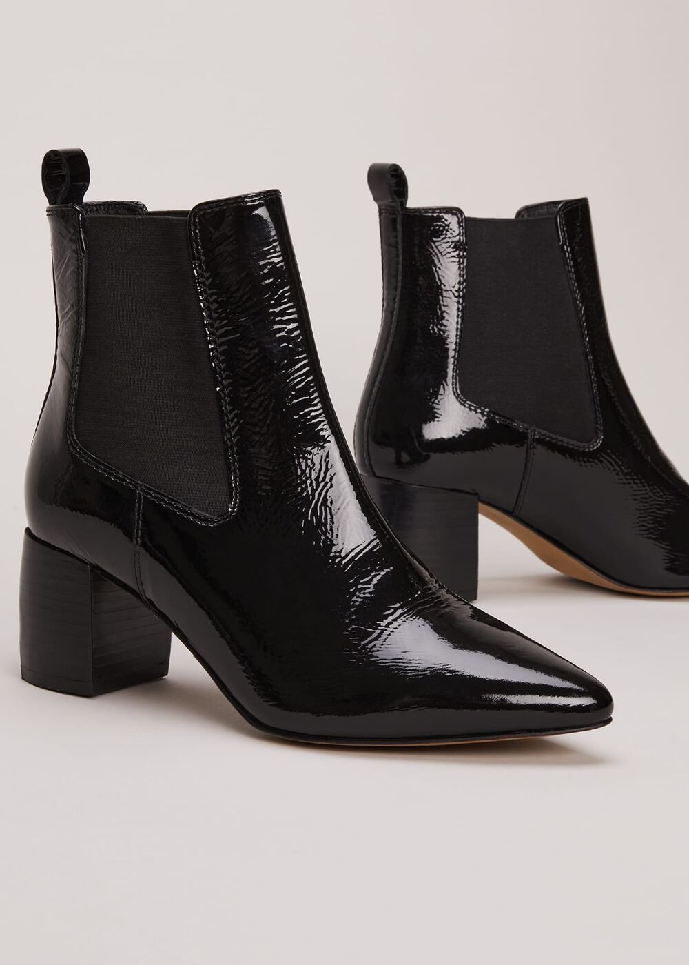 Black Leather Patent Ankle Boots - Black