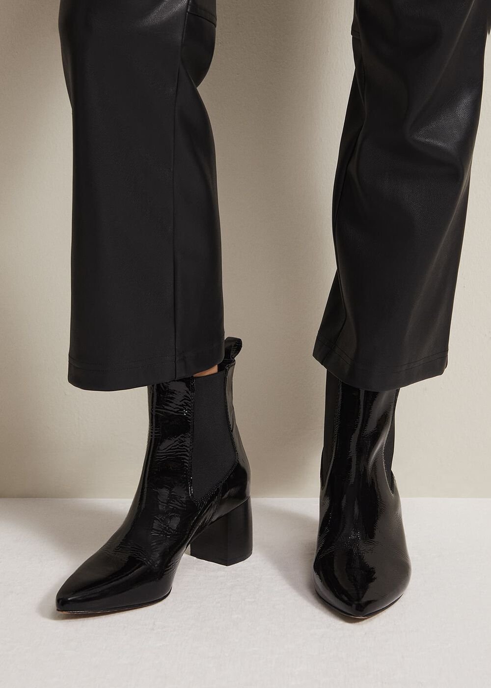 Black Leather Patent Ankle Boots - Black