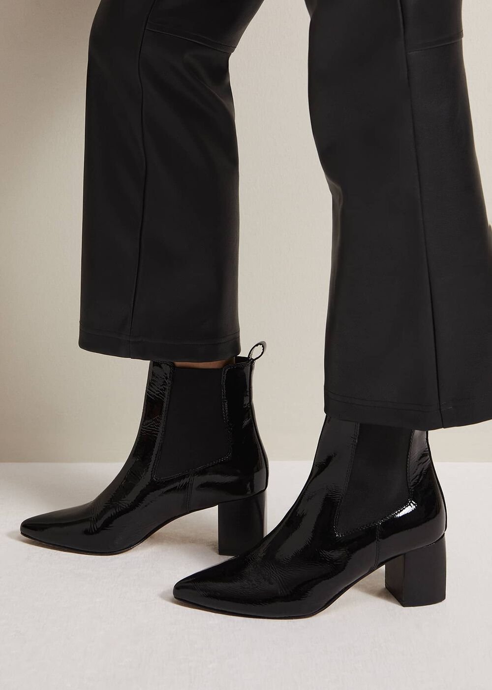 Black Leather Patent Ankle Boots - Black