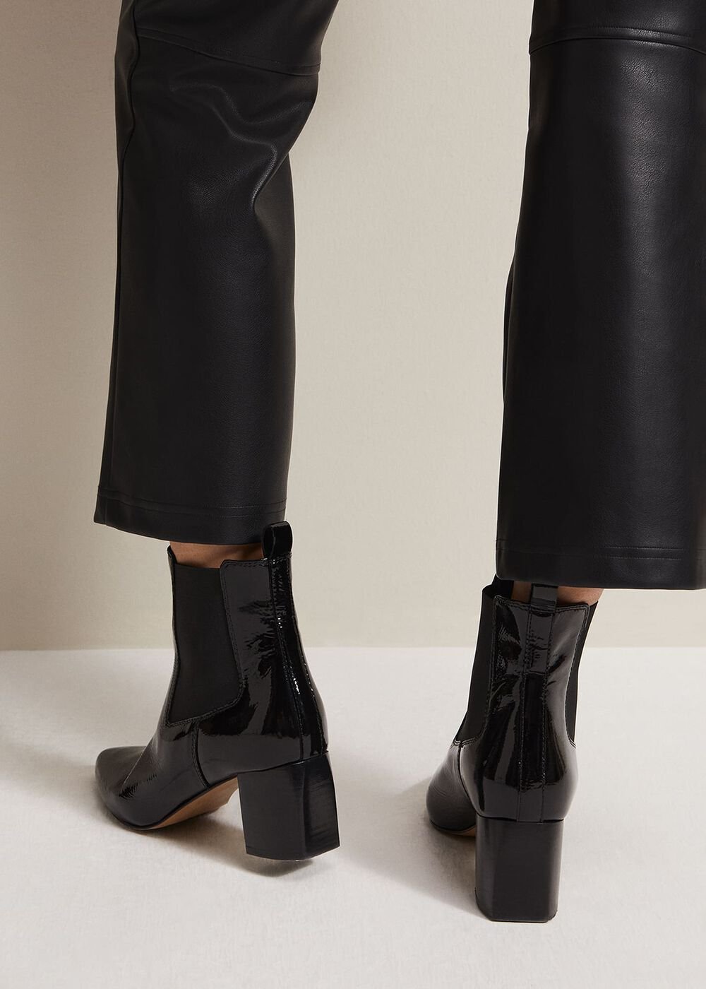 Black Leather Patent Ankle Boots - Black
