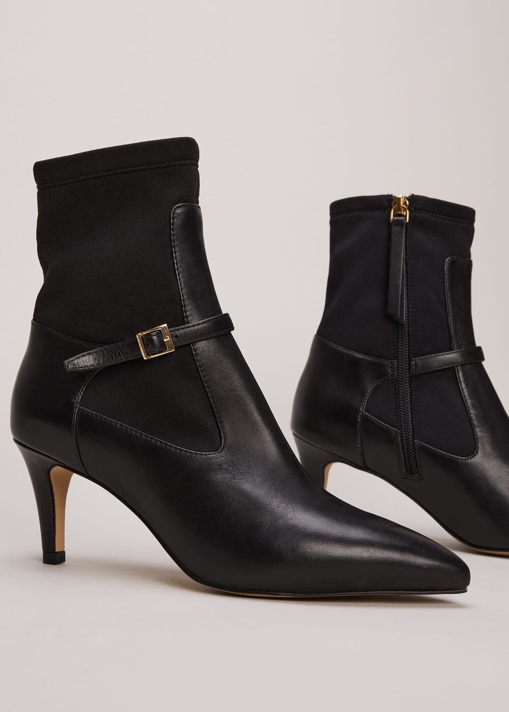 Leather Buckle Detail Sock Boots - Black