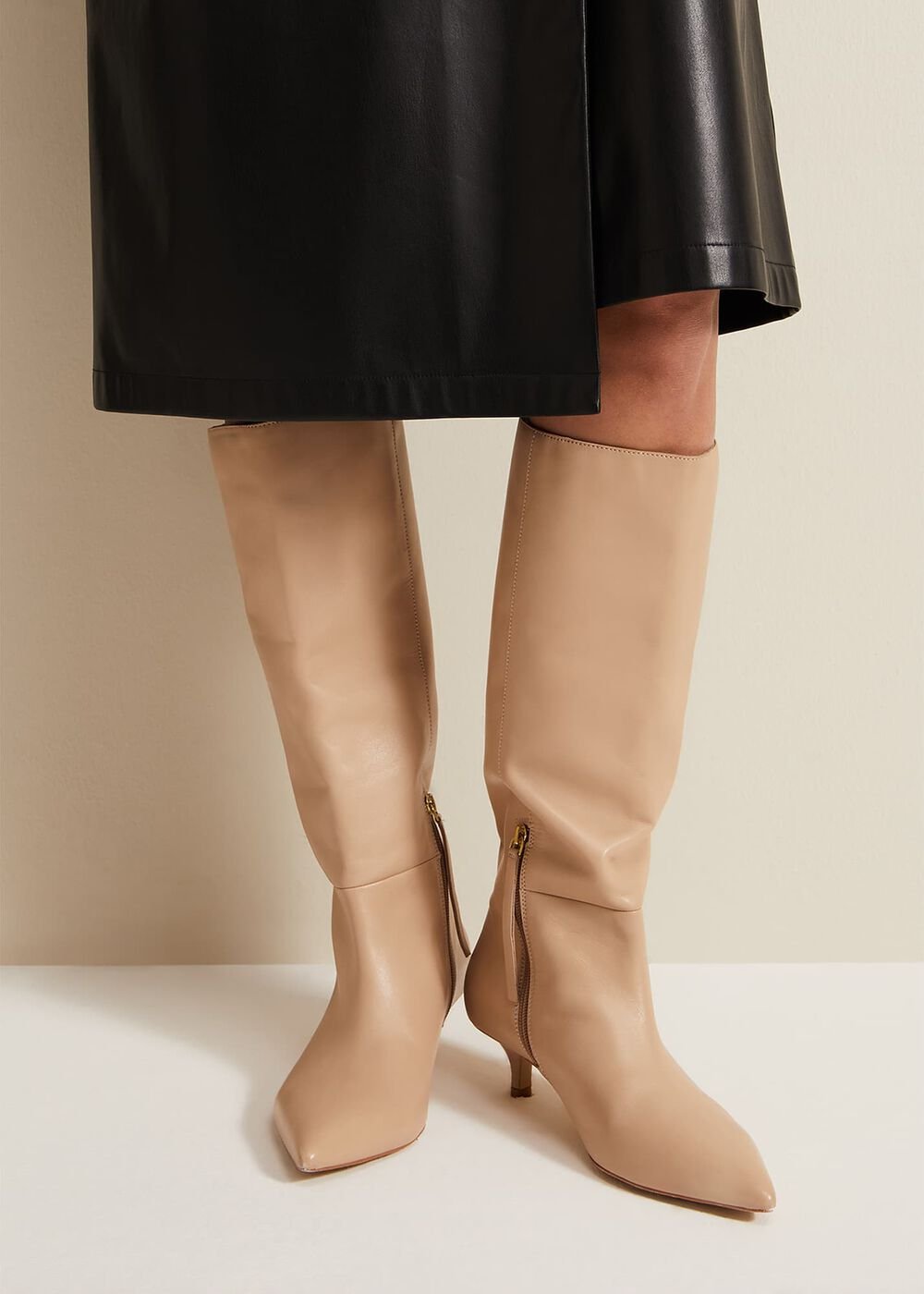 Knee High Kitten Heel Boot - Cream