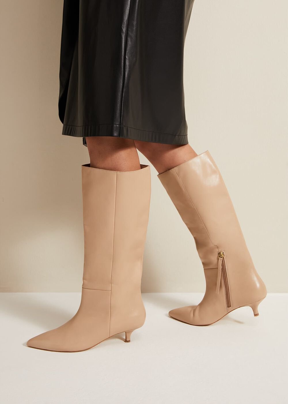 Knee High Kitten Heel Boot - Cream