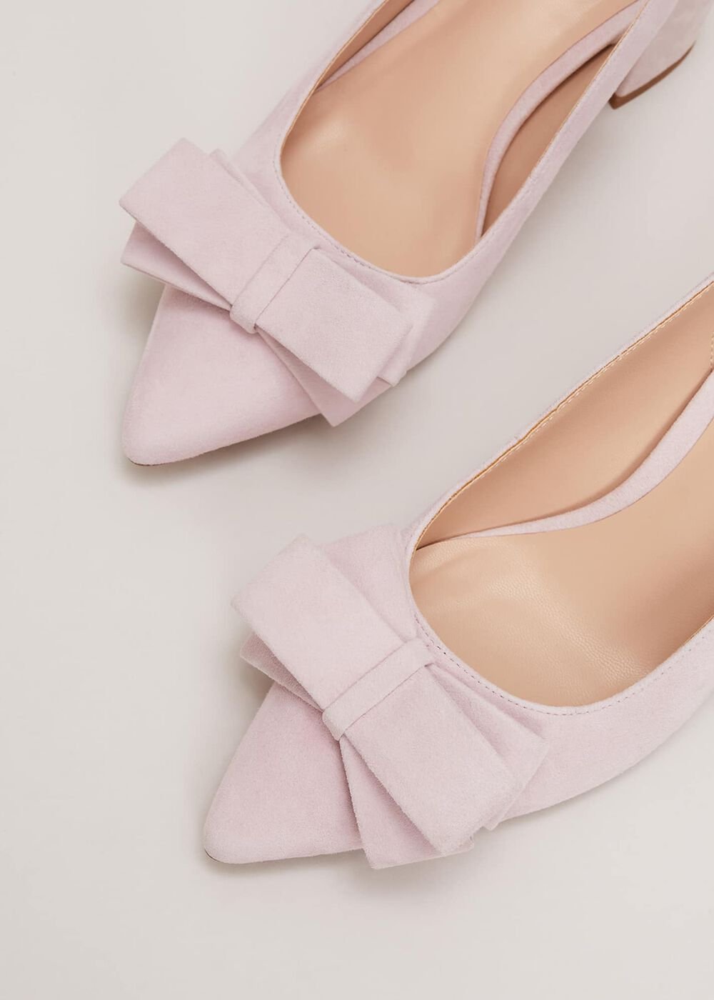 Bow Front Block Heel Shoes - Pale Pink