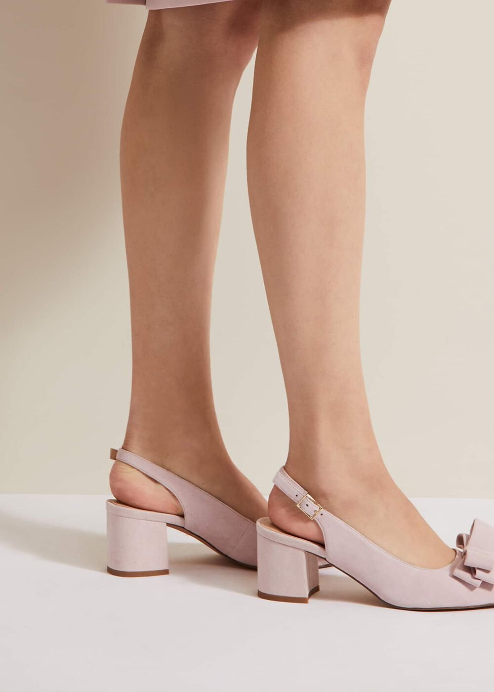 Bow Front Block Heel Shoes - Pale Pink
