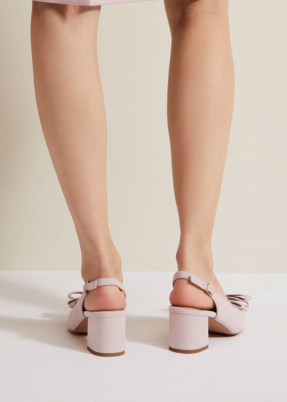 Bow Front Block Heel Shoes - Pale Pink