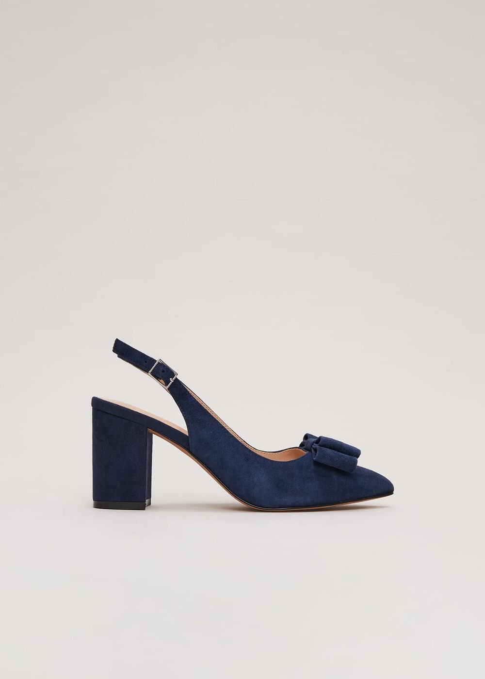 Bow Front Slingback Block Heel Shoes - Navy