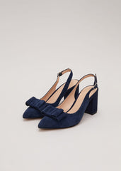 Bow Front Slingback Block Heel Shoes - Navy