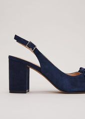 Bow Front Slingback Block Heel Shoes - Navy