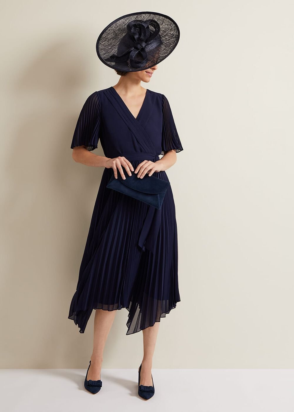 Bow Front Slingback Block Heel Shoes - Navy