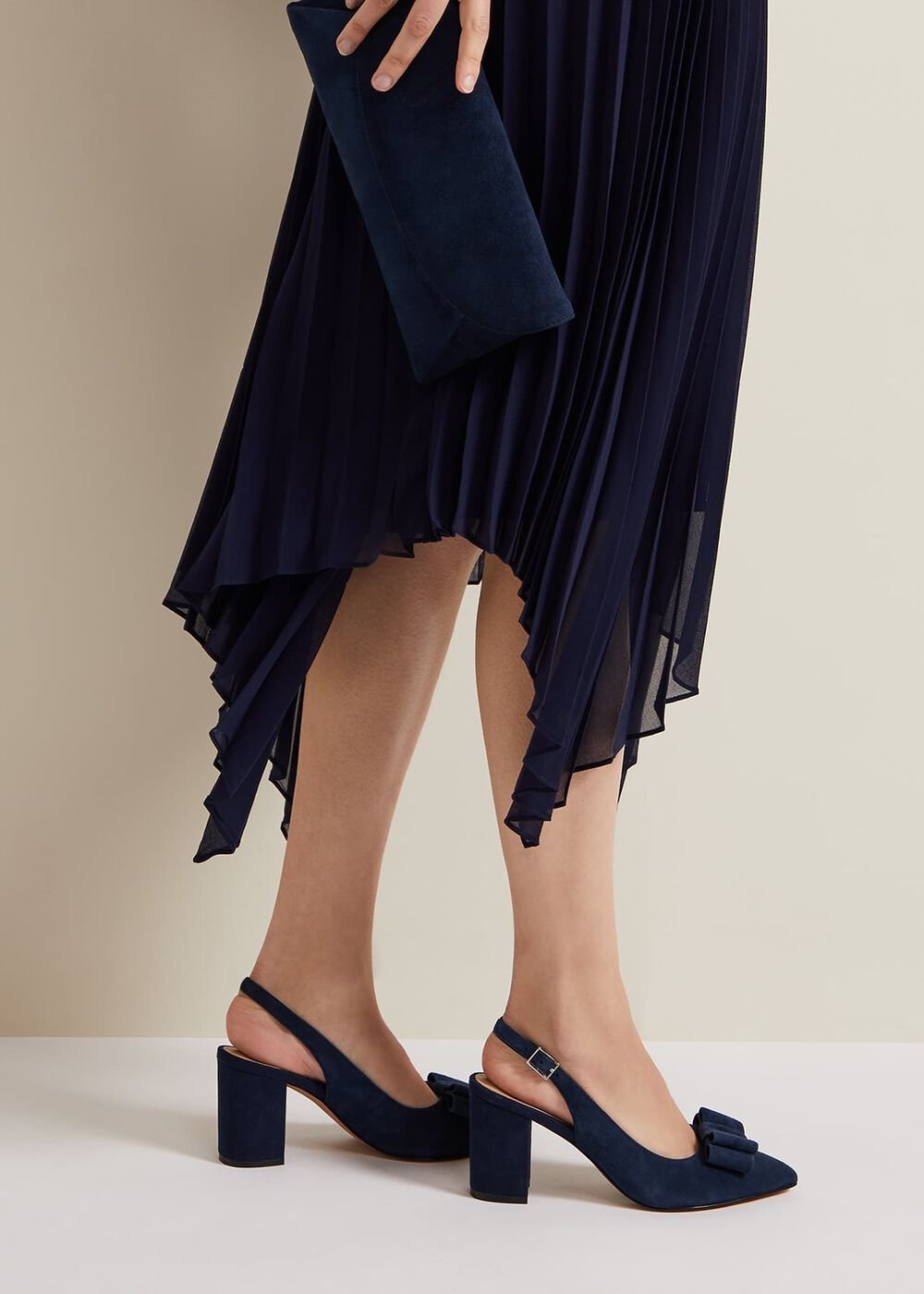 Bow Front Slingback Block Heel Shoes - Navy