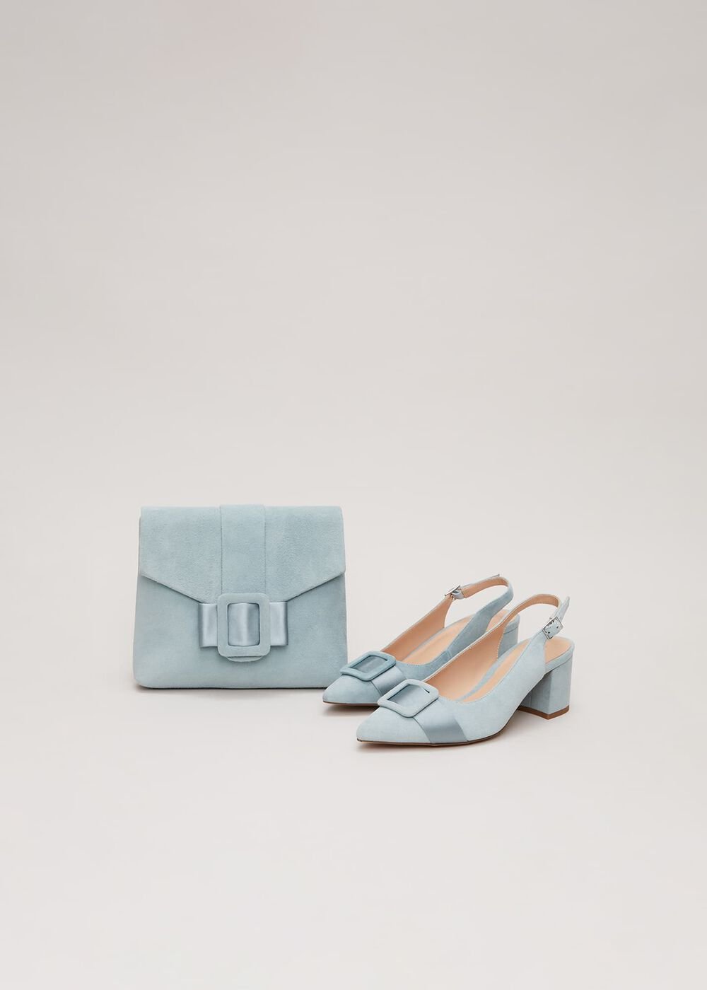 Suede Buckle Block Heel Shoe - Light Green