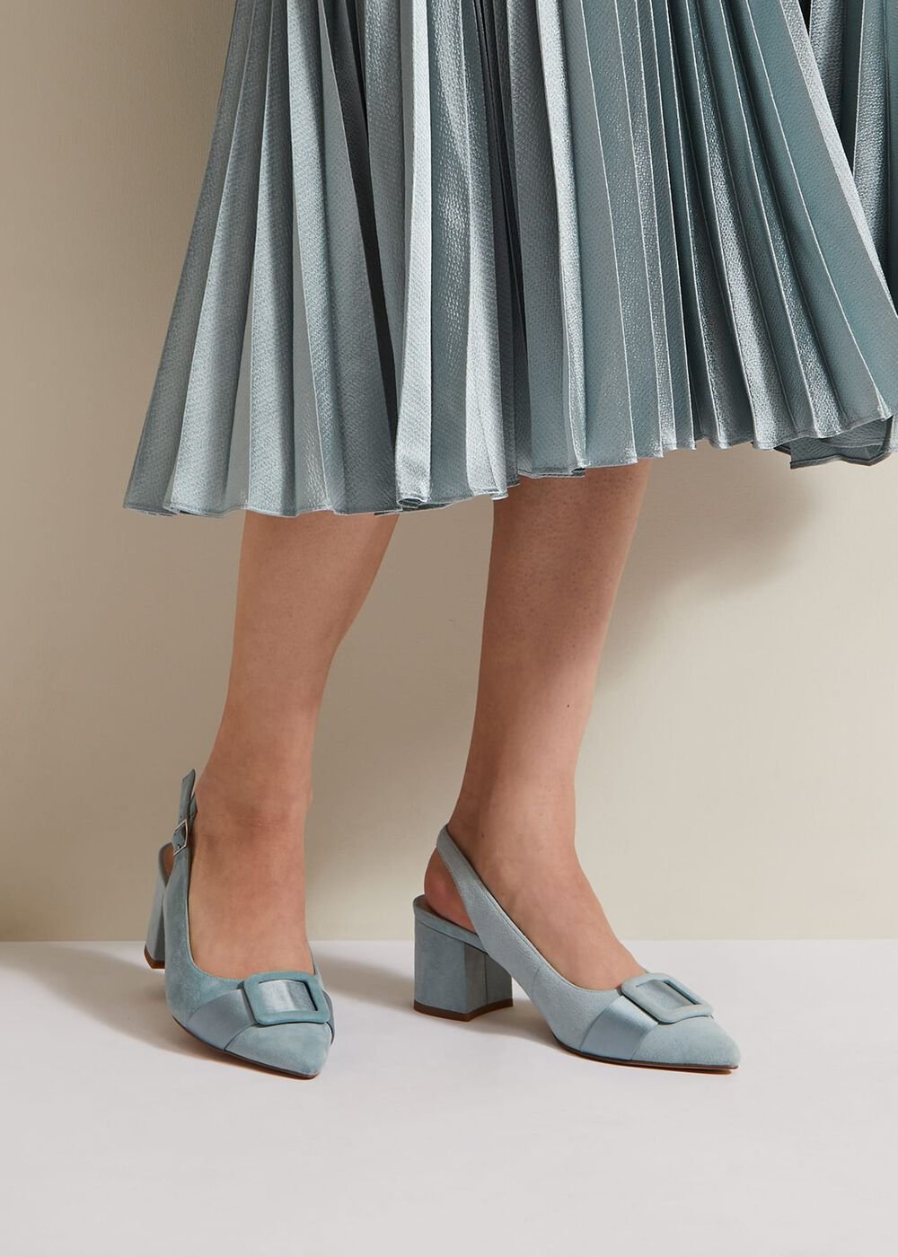 Suede Buckle Block Heel Shoe - Light Green