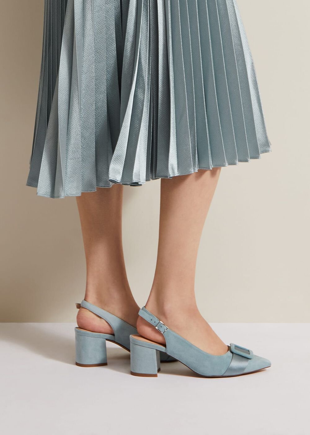 Suede Buckle Block Heel Shoe - Light Green