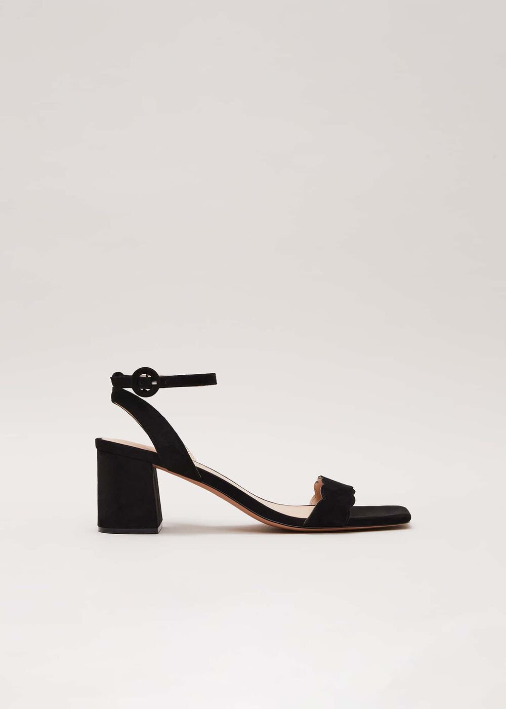 Suede Scallop Block Heel - Black