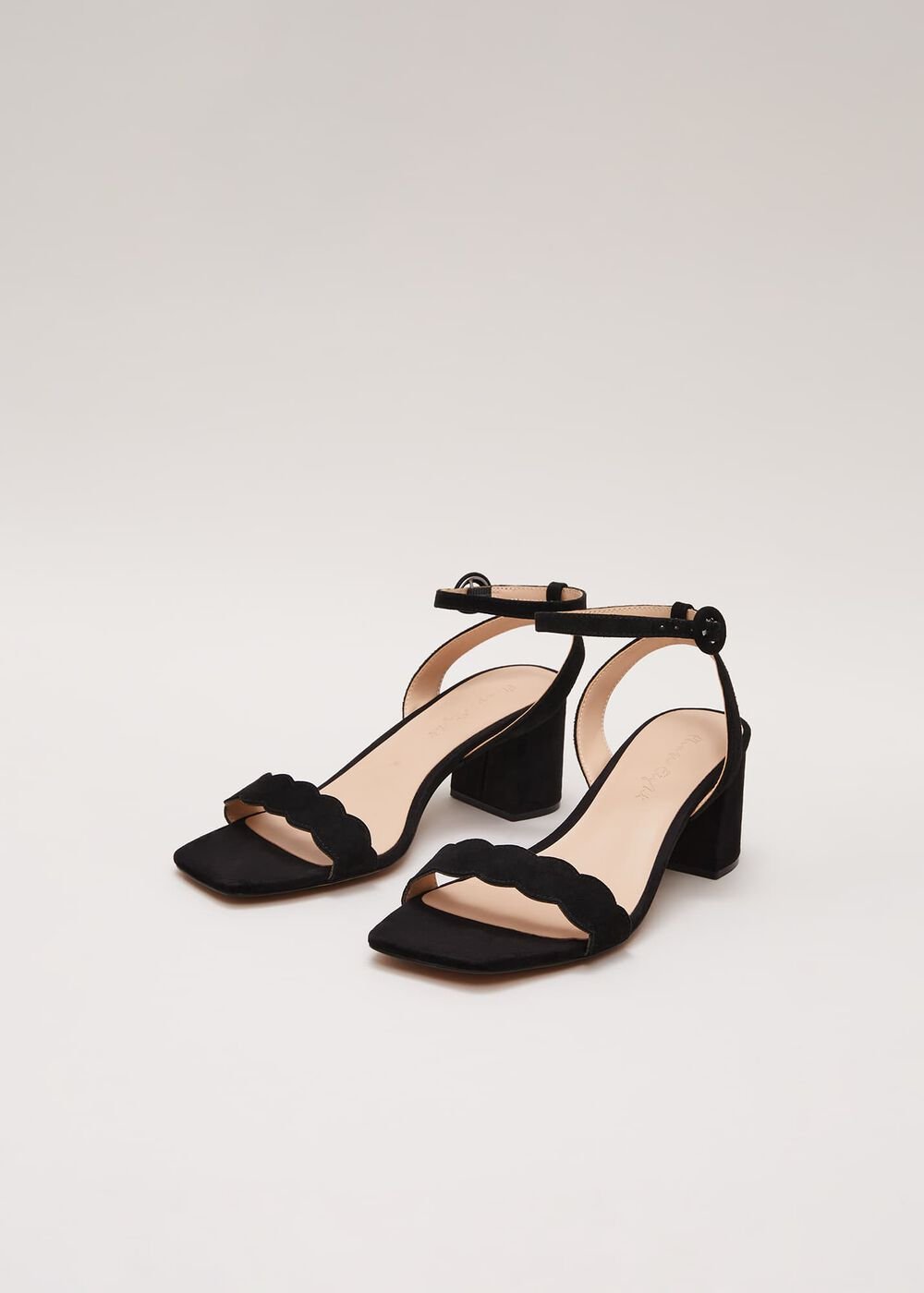 Suede Scallop Block Heel - Black