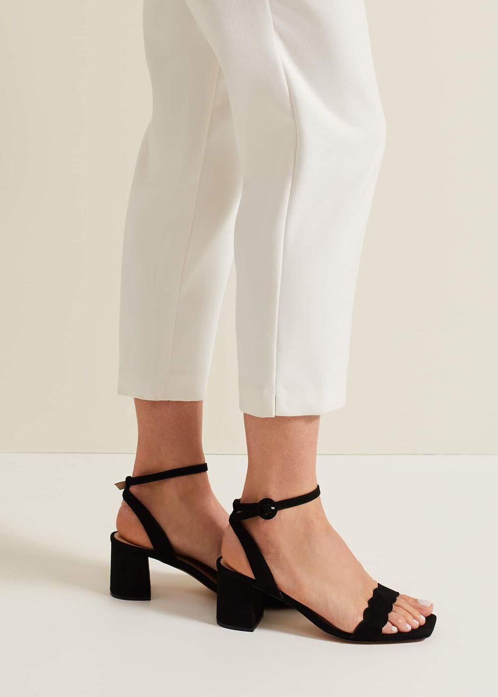 Suede Scallop Block Heel - Black