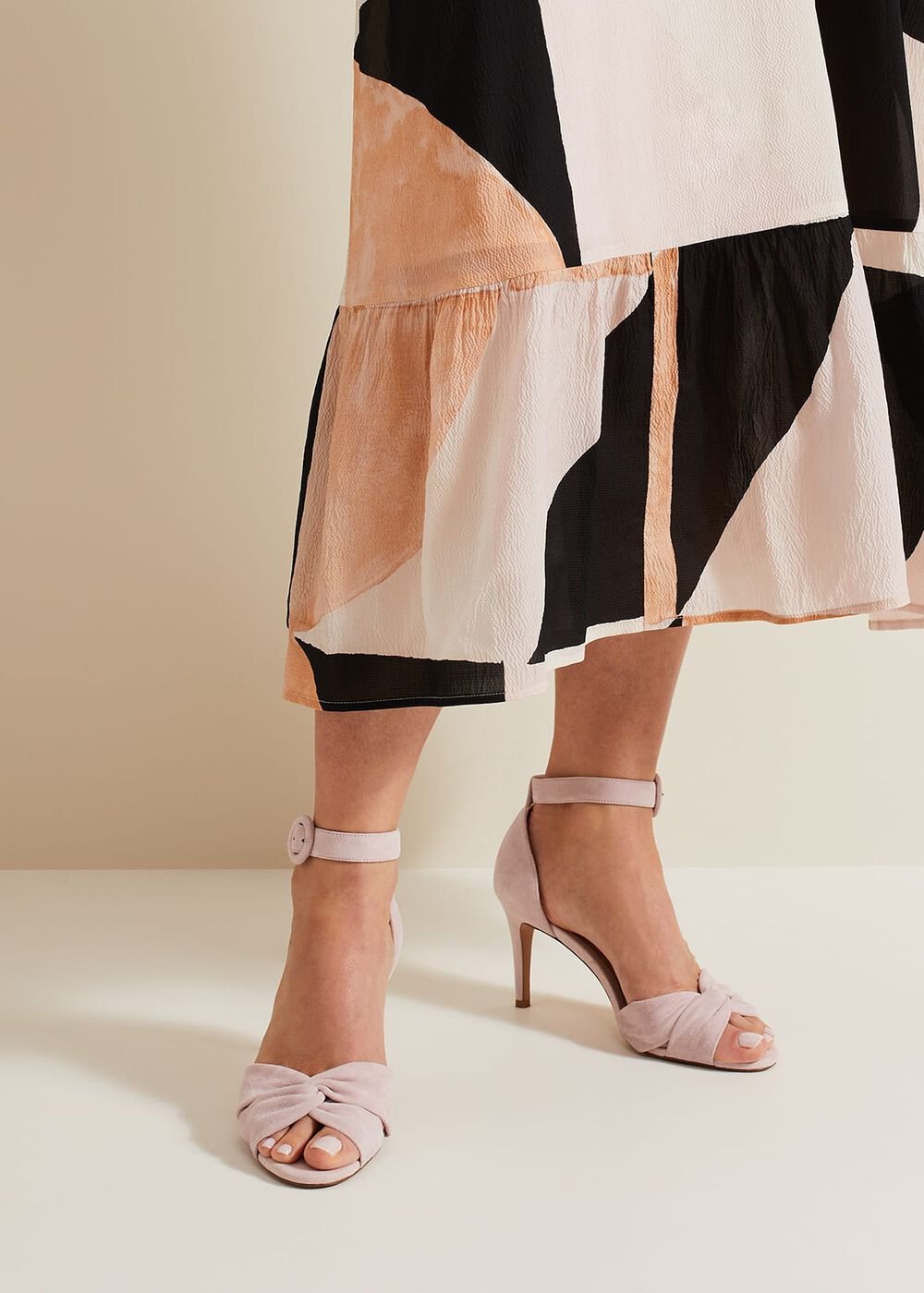 Suede Twist Ankle Strap Heeled Shoes - Pale Pink