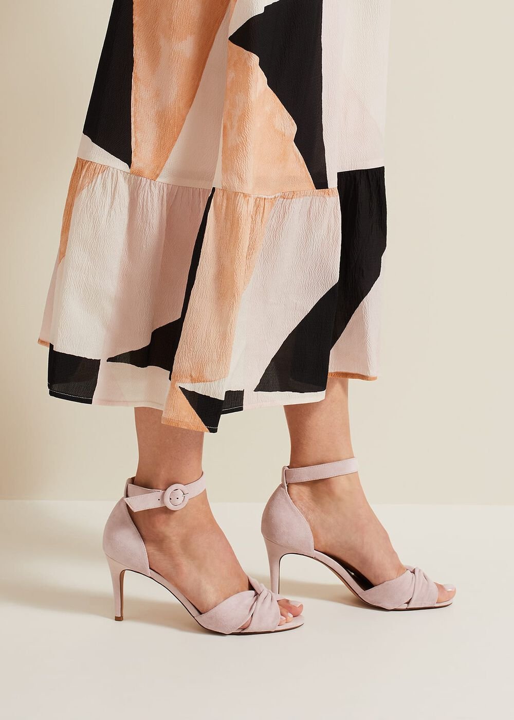 Suede Twist Ankle Strap Heeled Shoes - Pale Pink