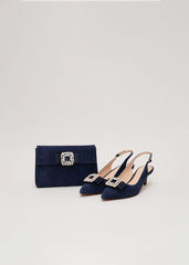 Suede Embellished Kitten Heel - Navy