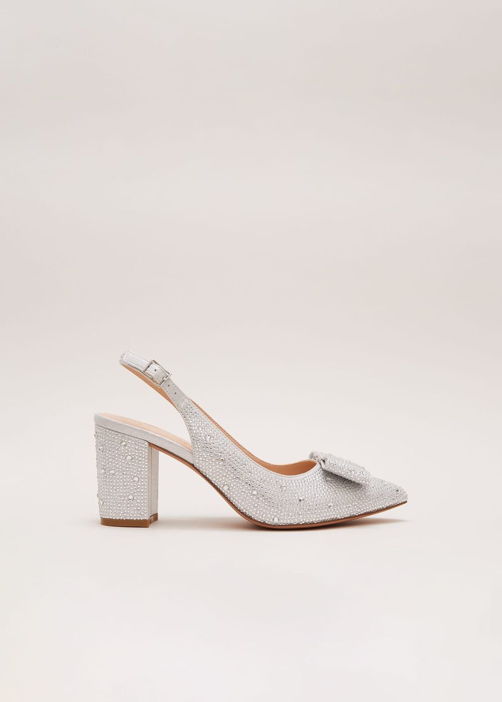 Embellished Bow Block Heel Slingback - Silver