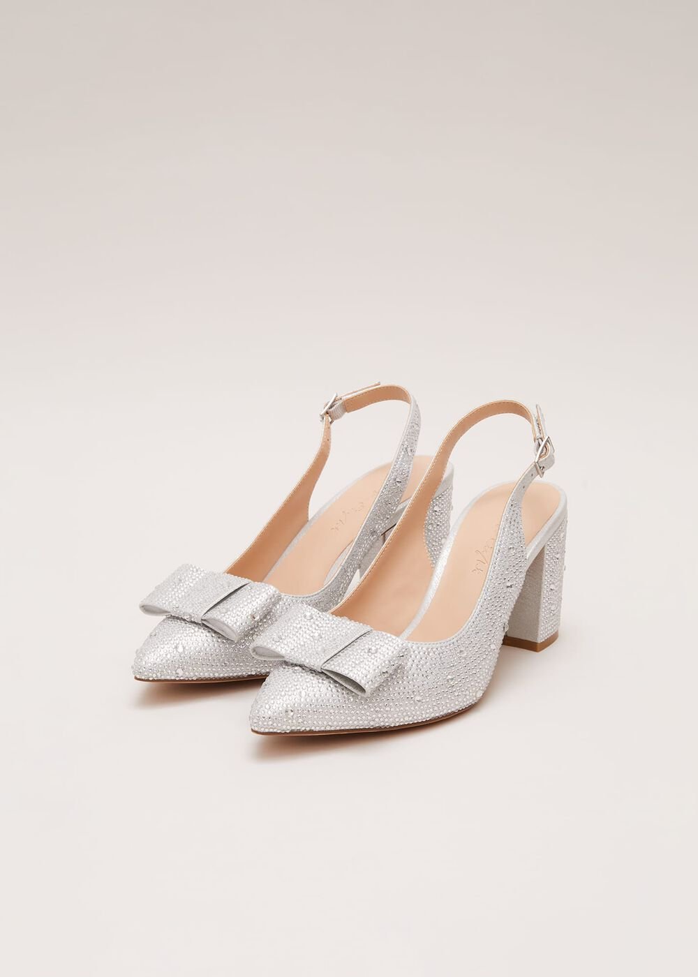 Embellished Bow Block Heel Slingback - Silver