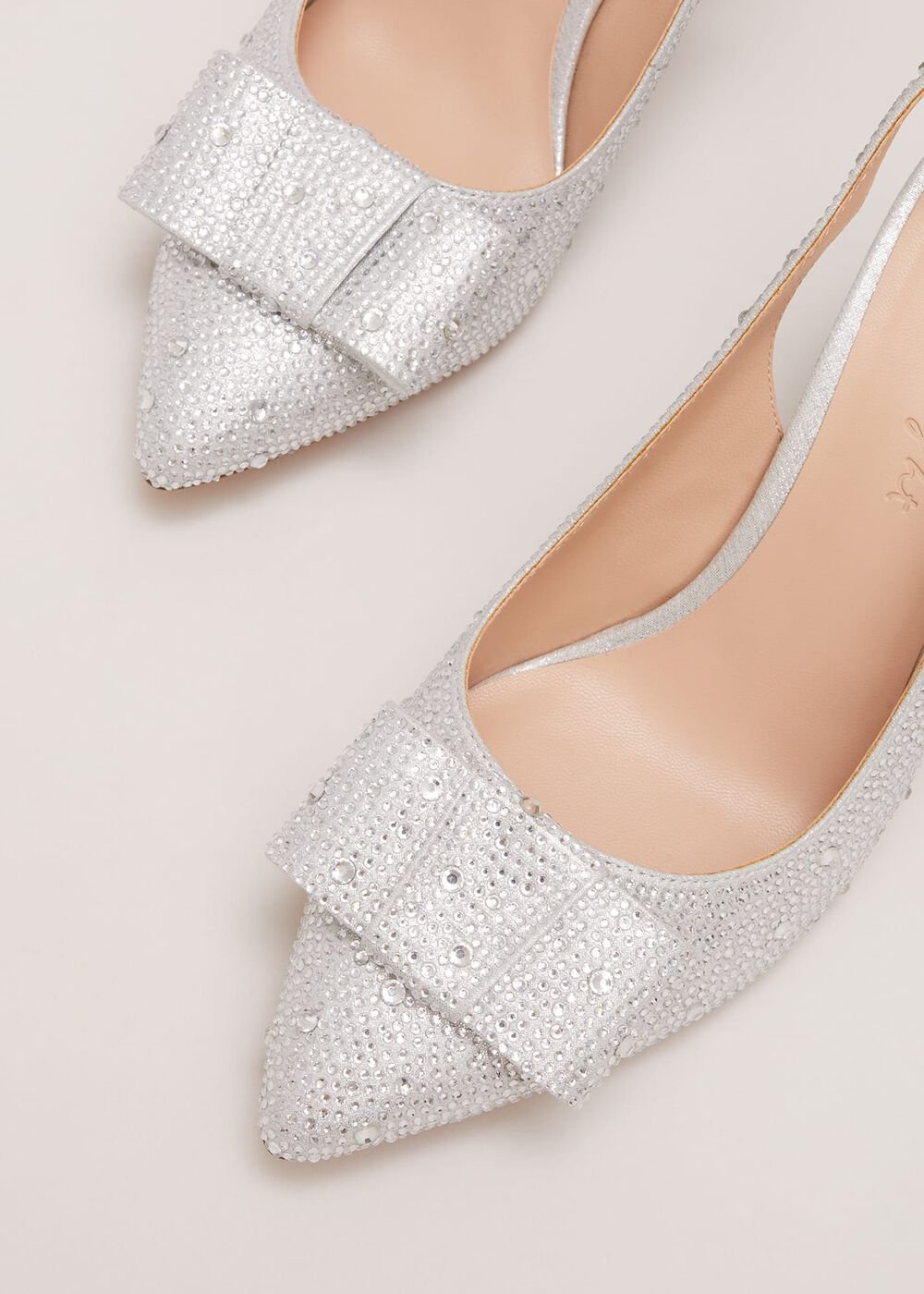 Embellished Bow Block Heel Slingback - Silver