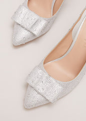 Embellished Bow Block Heel Slingback - Silver