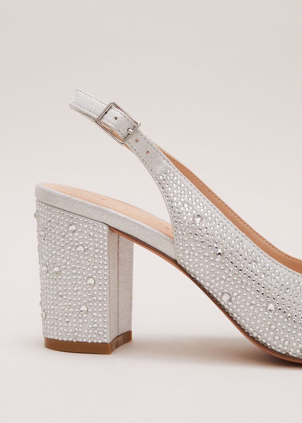Embellished Bow Block Heel Slingback - Silver