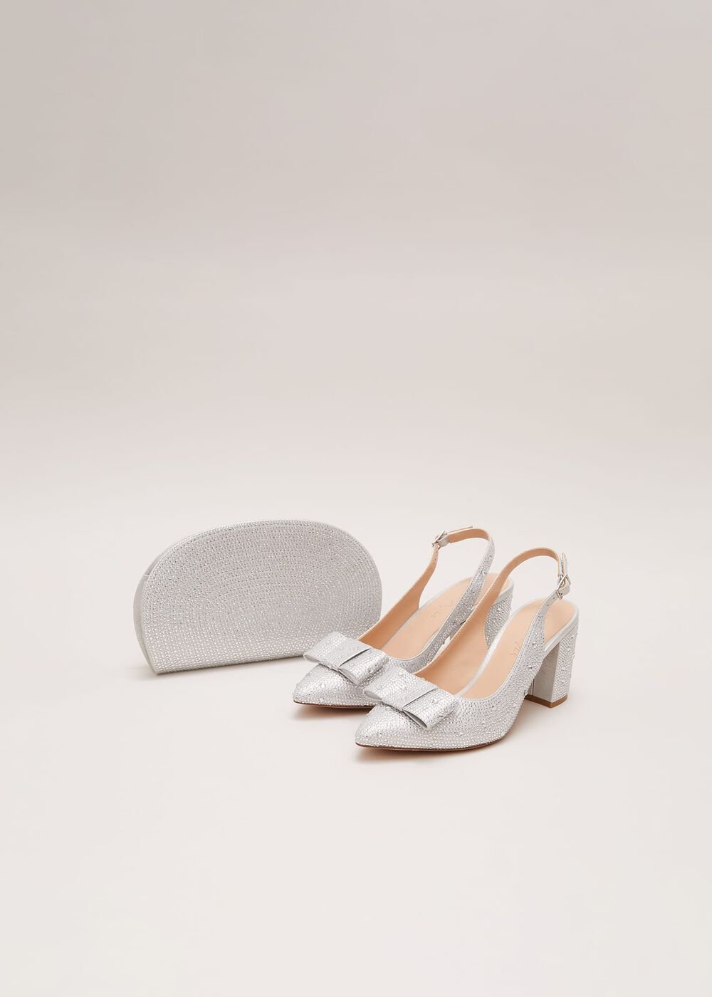 Embellished Bow Block Heel Slingback - Silver