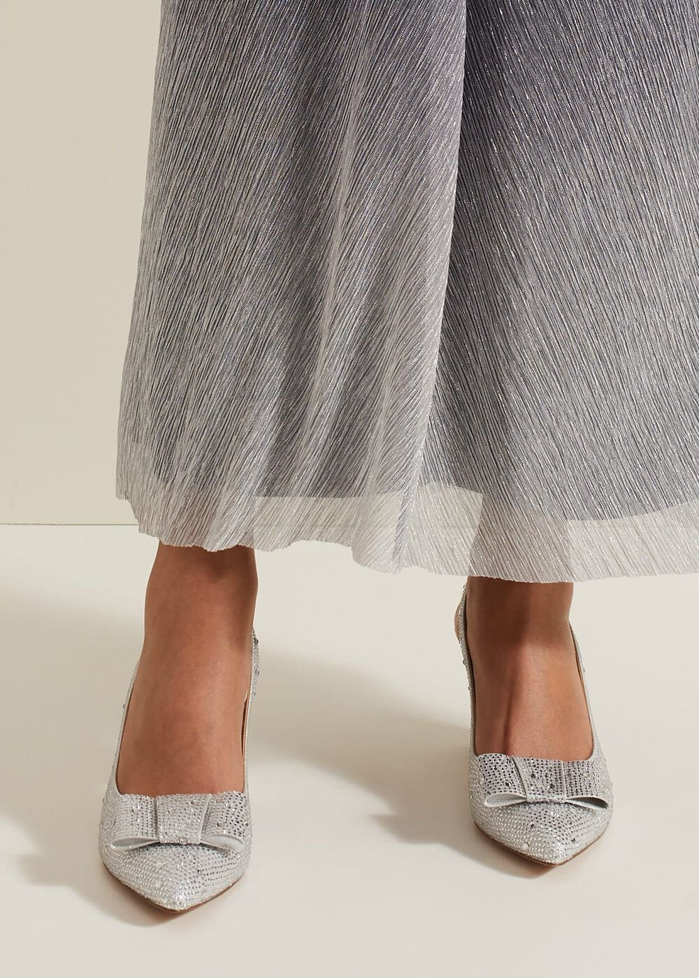 Embellished Bow Block Heel Slingback - Silver