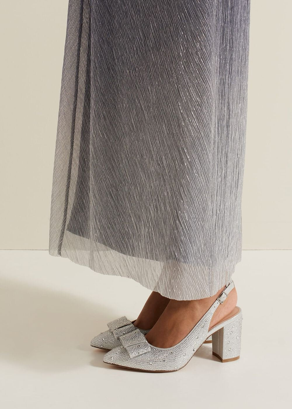 Embellished Bow Block Heel Slingback - Silver