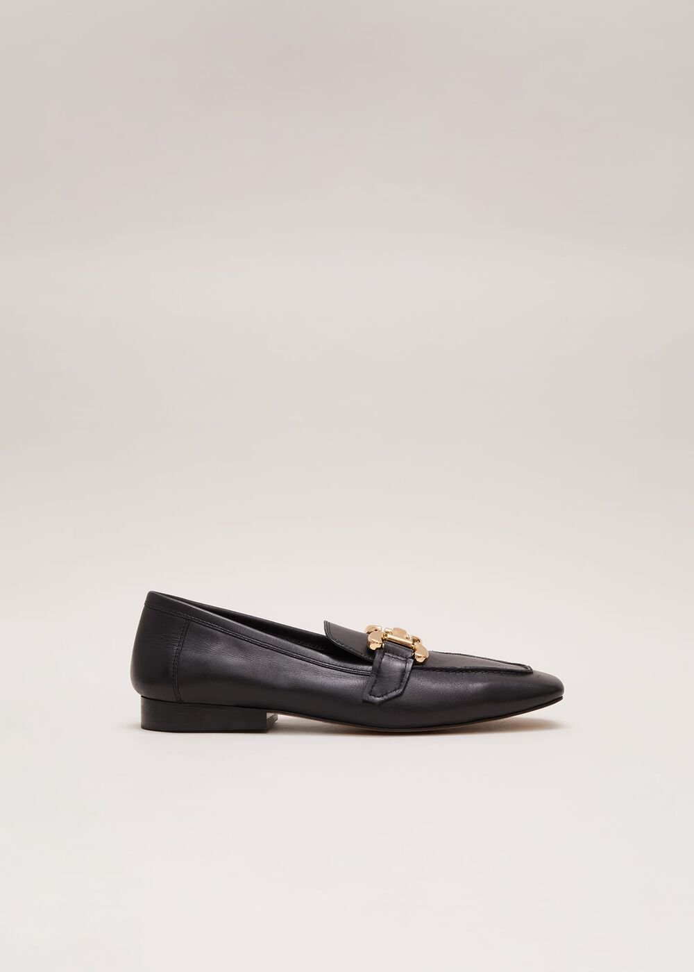 Black Leather Flat Loafers - Black