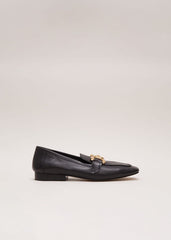 Black Leather Flat Loafers - Black
