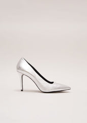 Silver Leather Pointed Court Shoes - Silver
