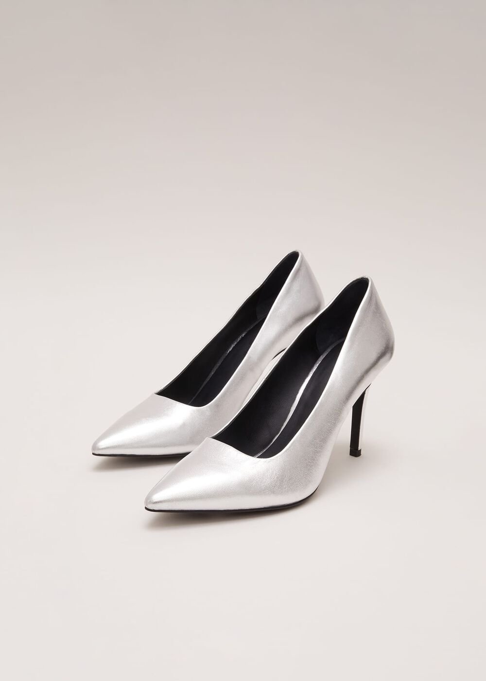 Silver Leather Pointed Court Shoes - Silver