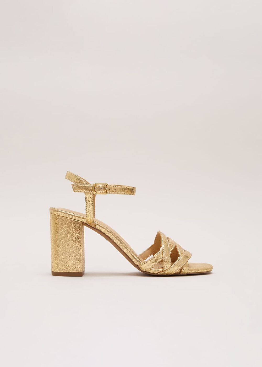 Gold Leather Crossover Block Heels - Gold