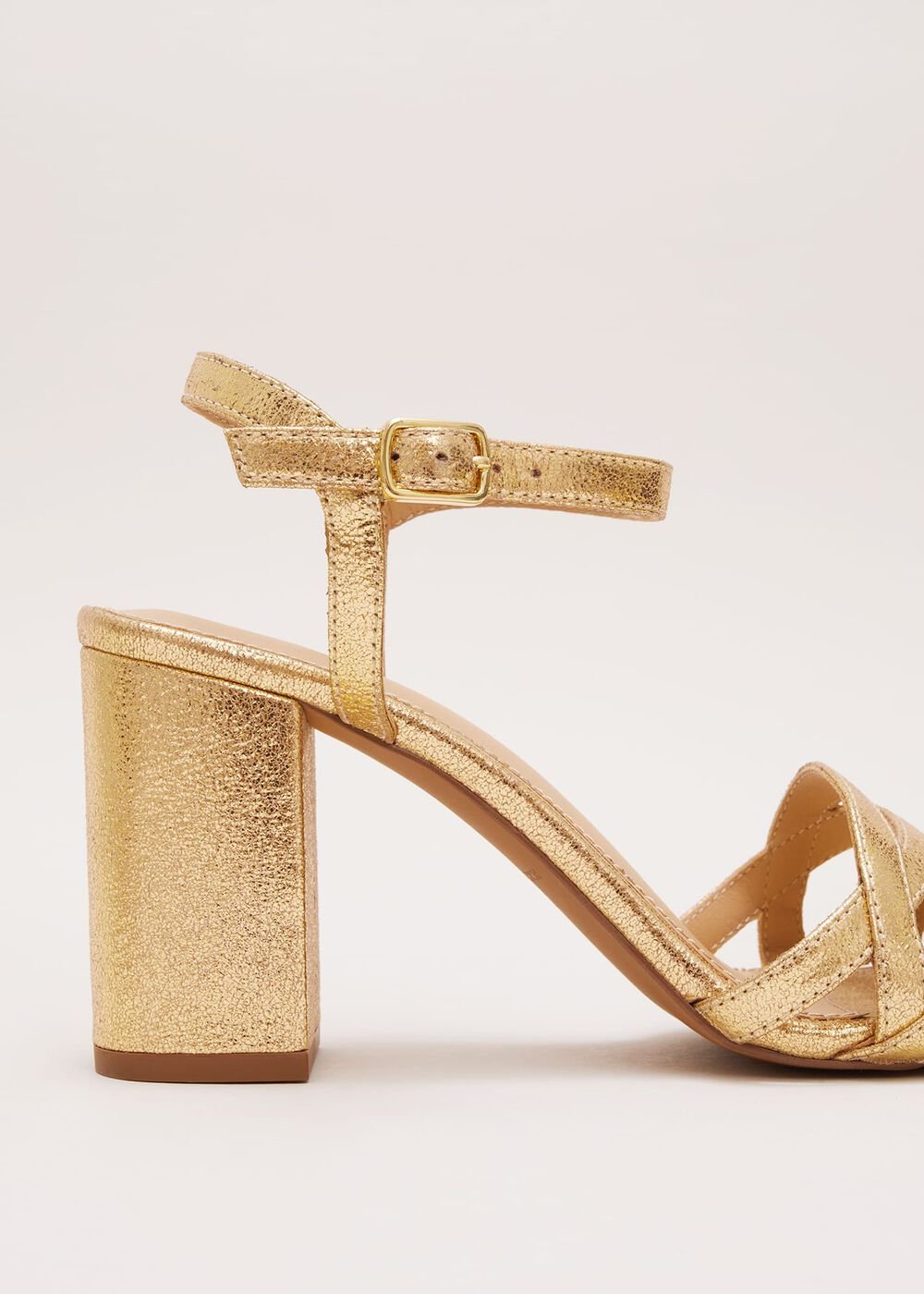Gold Leather Crossover Block Heels - Gold