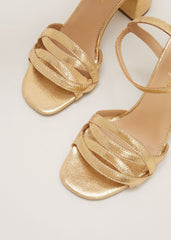 Gold Leather Crossover Block Heels - Gold