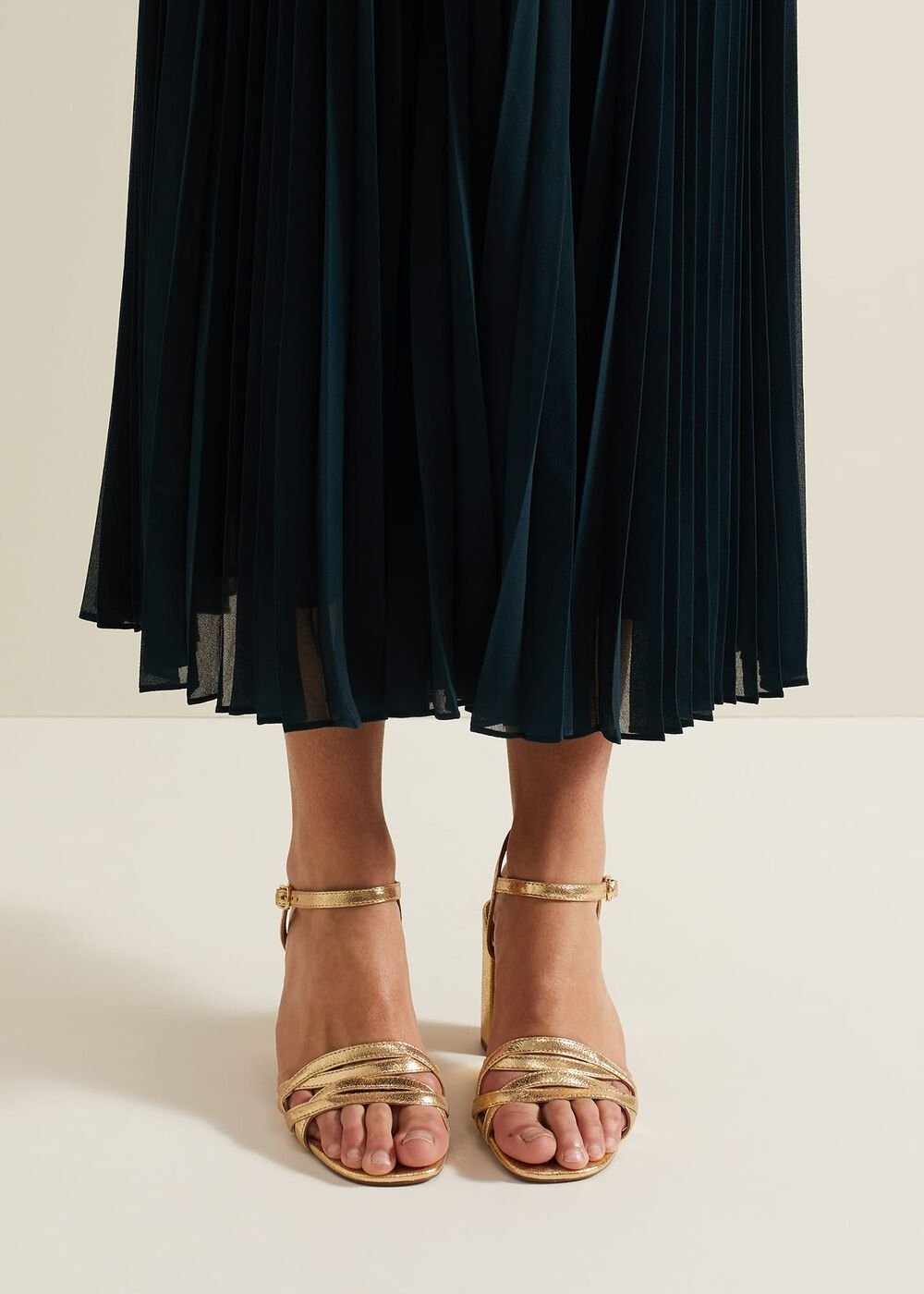 Gold Leather Crossover Block Heels - Gold