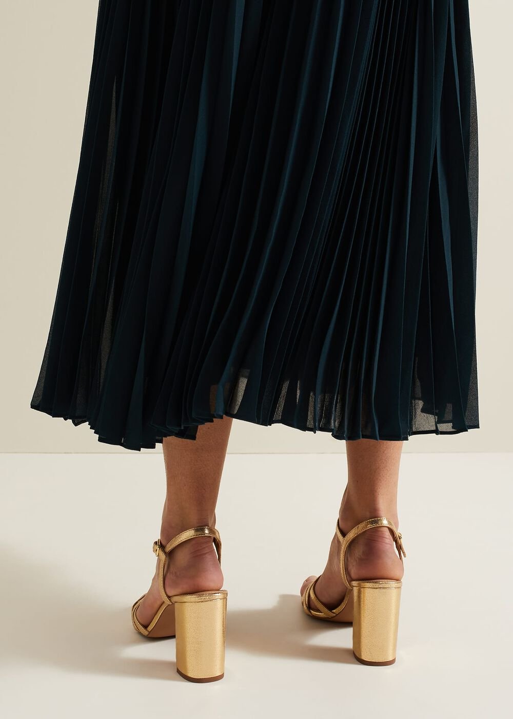 Gold Leather Crossover Block Heels - Gold